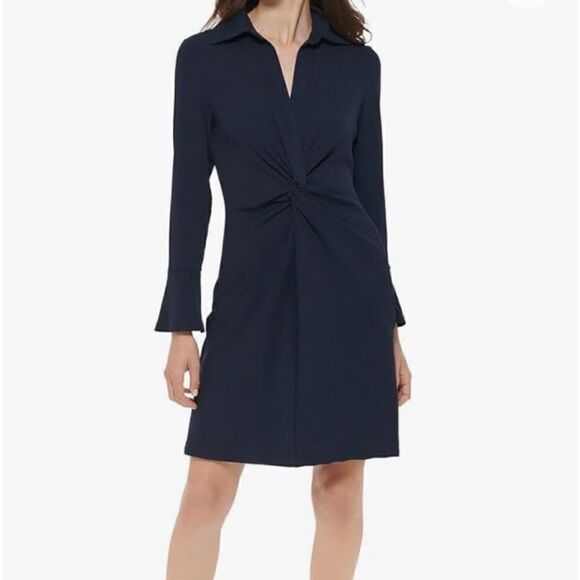 New Tommy Hilfigure Long Sleeve Twist Front Silky Rib Knit Dark Blue Dress Sz 14 - Picture 1 of 12